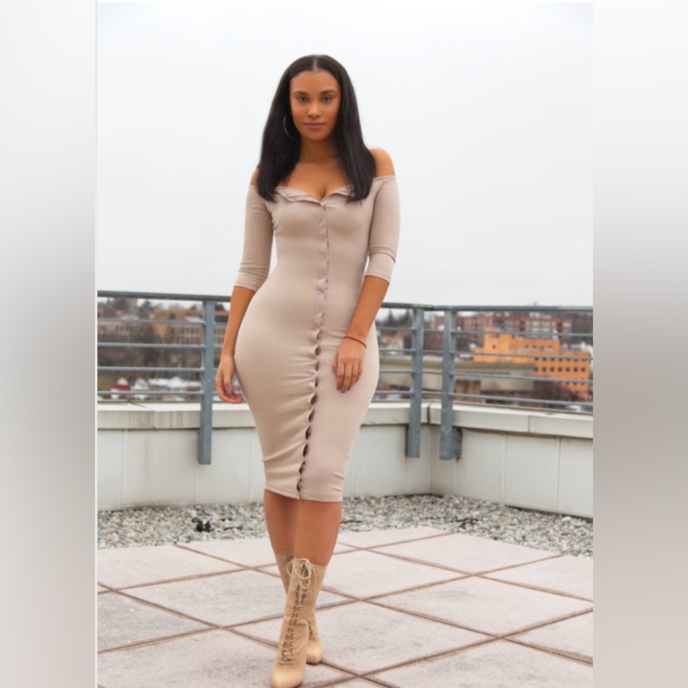 Fashion Nova Cream Off-Shoulder Dress